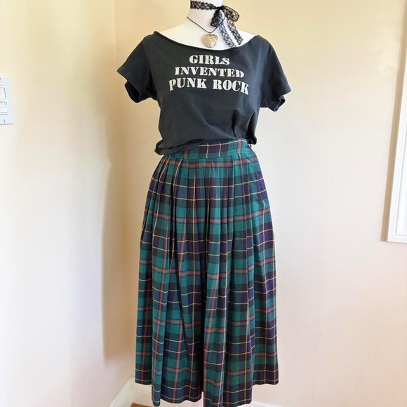 Vintage Dresses & Skirts - Vintage wool green tartan plaid midi skirt alternative grunge punk 80s 90s S